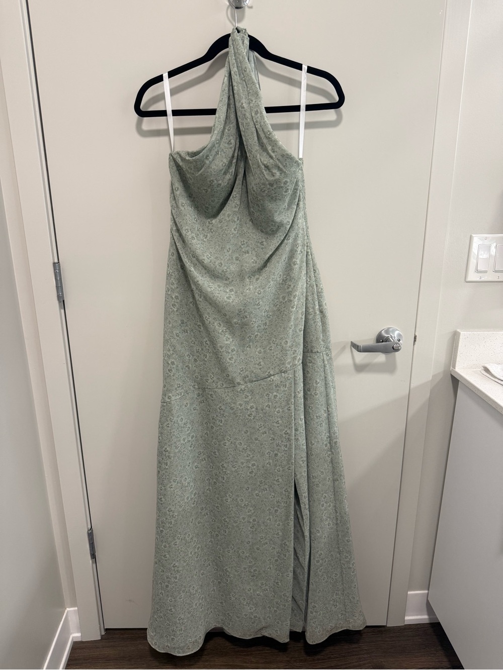 Revelry Sage Halter Chiffon Draped Maxi Dress